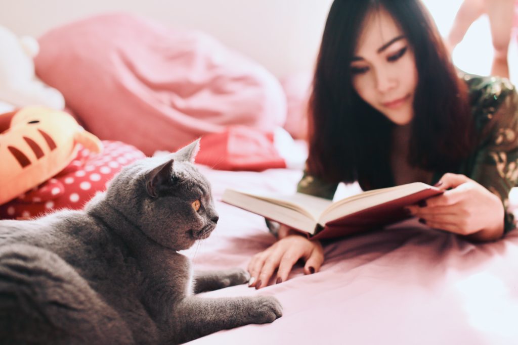woman reading book near cat